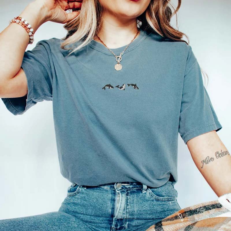 Embroidered Trio of Orcas  Whale T-Shirt