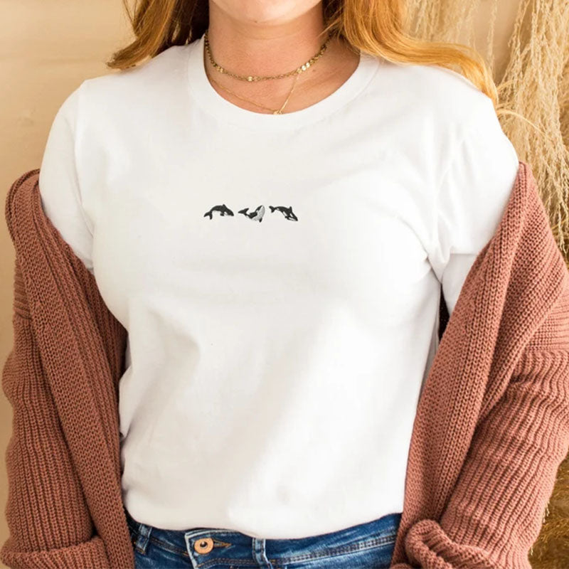 Embroidered Trio of Orcas  Whale T-Shirt