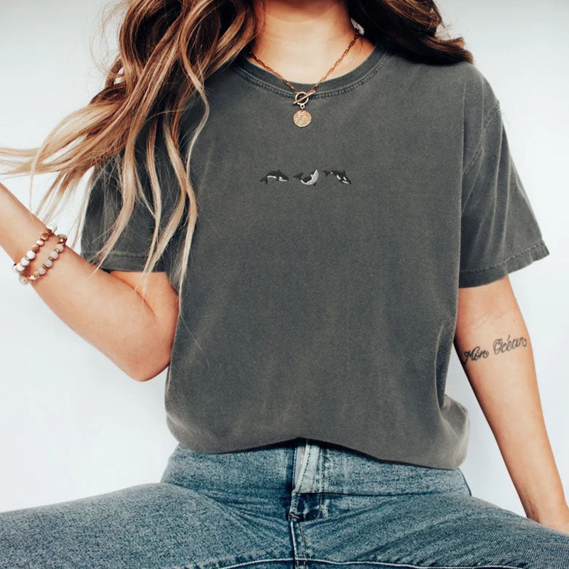 Embroidered Trio of Orcas  Whale T-Shirt