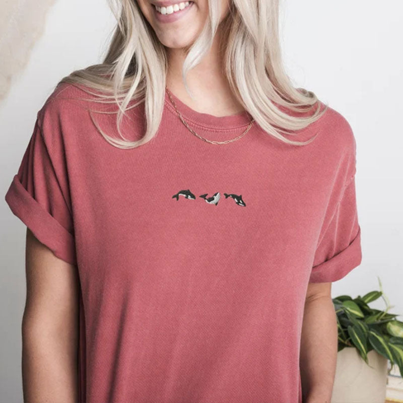 Embroidered Trio of Orcas  Whale T-Shirt