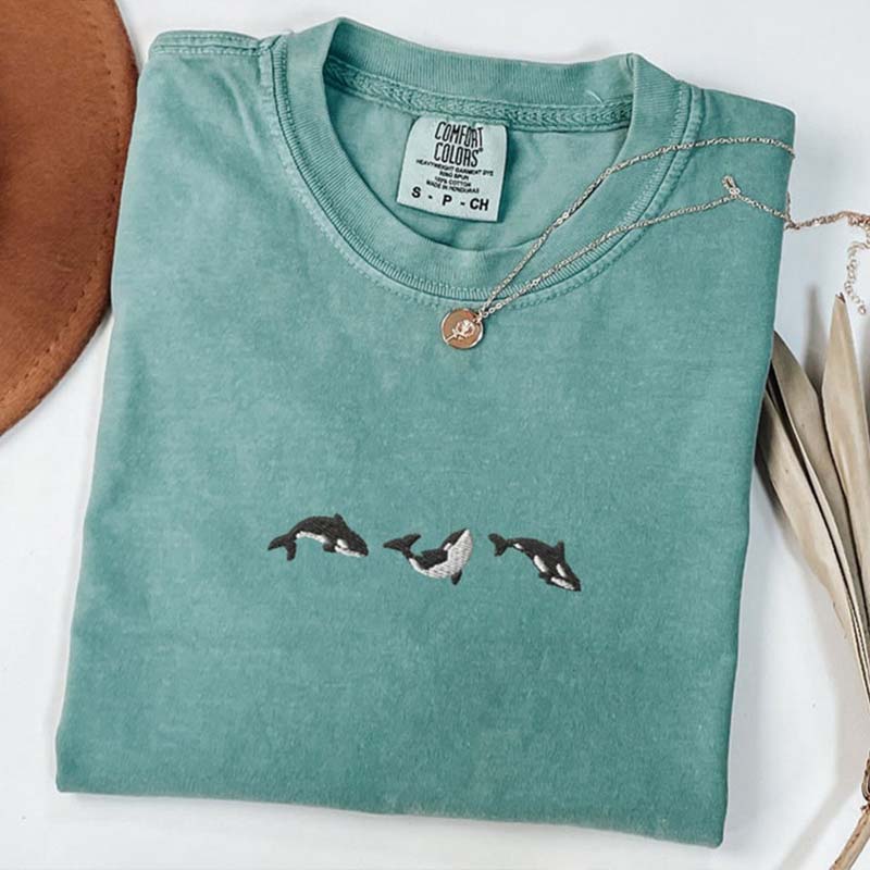 Embroidered Trio of Orcas  Whale T-Shirt
