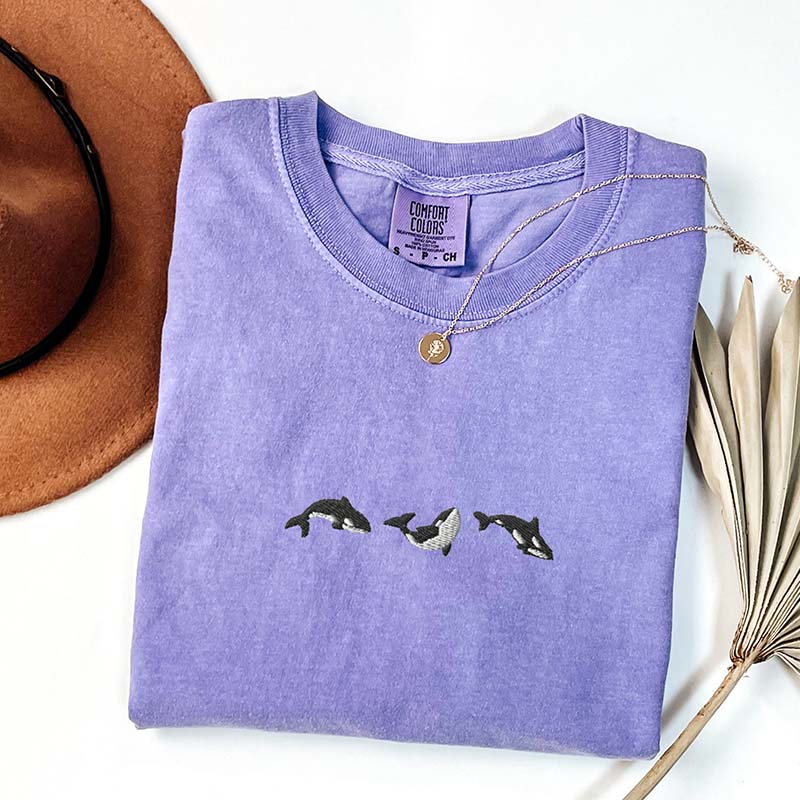 Embroidered Trio of Orcas  Whale T-Shirt