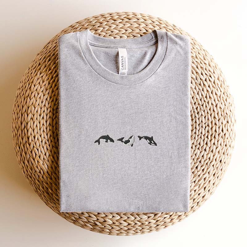 Embroidered Trio of Orcas  Whale T-Shirt