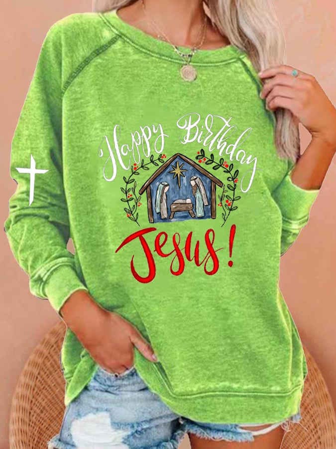 Women's Happy Birthday Jesus Print Sweatshirt