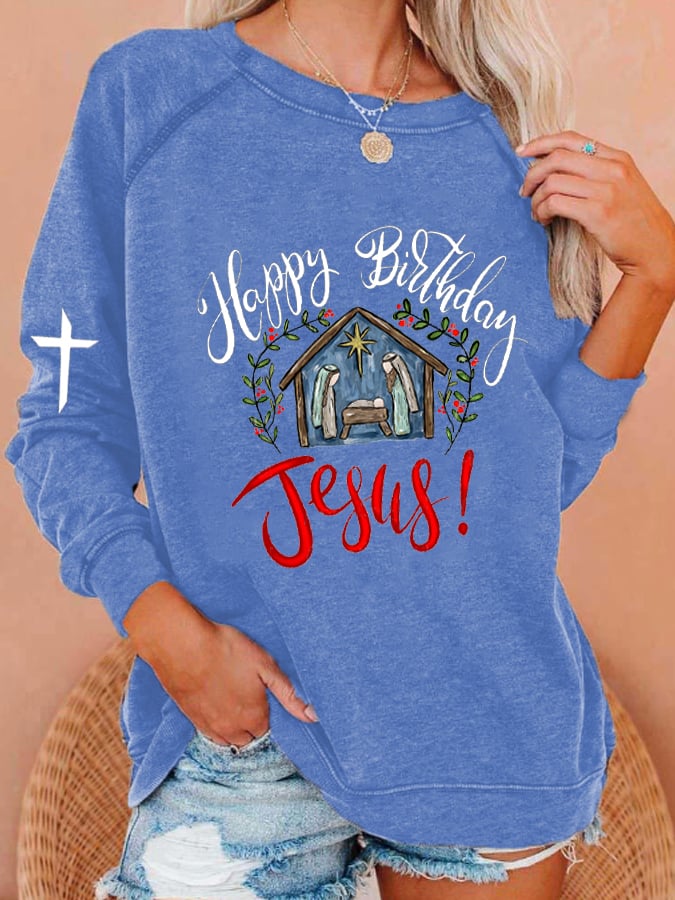 Women's Happy Birthday Jesus Print Sweatshirt
