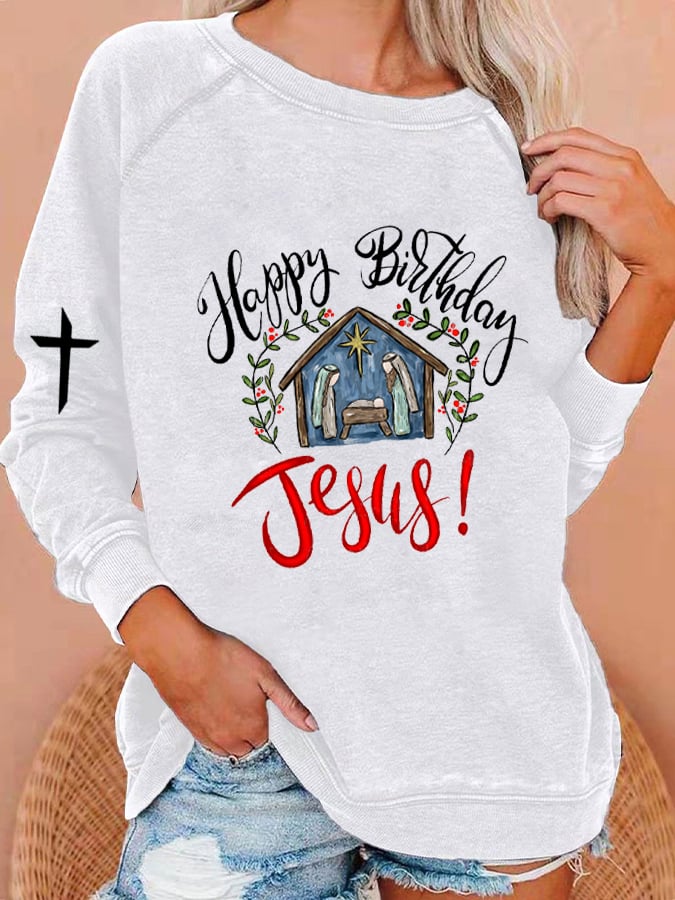 Women's Happy Birthday Jesus Print Sweatshirt